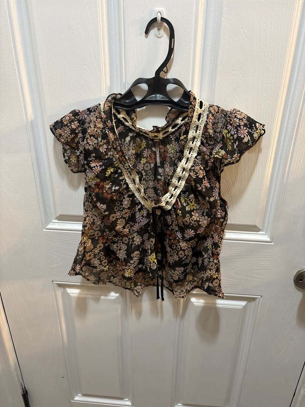 Free People Flower Power Sheer Floral Crochet Trim Tie Front Top Size XS
